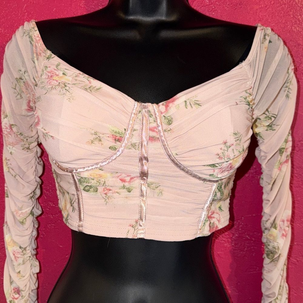 Windsor Pink Floral ruched Sleeve Crop corset styled Top. Fairycore. Coquette